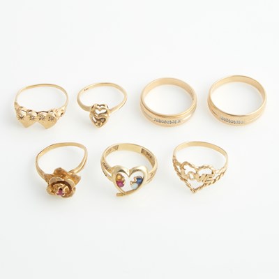 Lot 517 - Seven Gold and Stone Rings, 14K 12 dwt. all