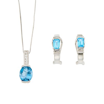 Lot 1214 - White Gold, Blue Topaz and Diamond Pendant with Chain Necklace and Pair of Pendant-Earrings