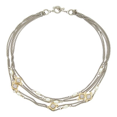 Lot 1222 - Multistrand Silver, Silver-Gilt, Diamond and Freshwater Pearl Necklace