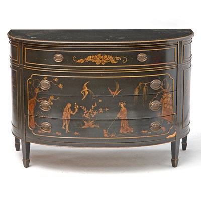 Lot 185 - Black Lacquer Chinoiserie Decorated Chest of Drawers