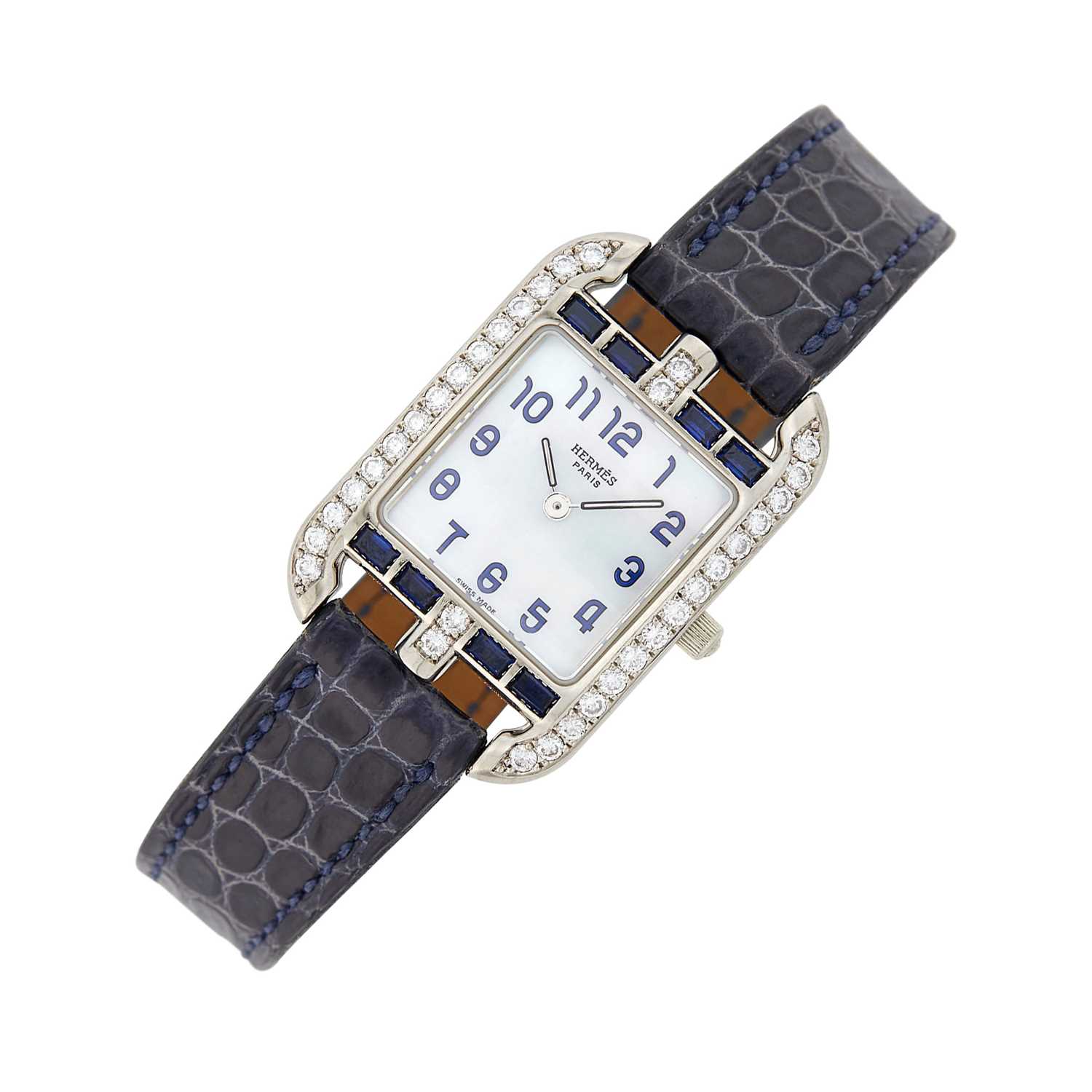 Lot 62 - Hermès Paris Platinum, Mother-of-Pearl, Diamond and Sapphire 'Cape Cod' Wristwatch, Ref. CC1.297