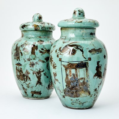 Lot 519 - Pair of English Glass Celadon-Ground Declacomania Vases and Covers