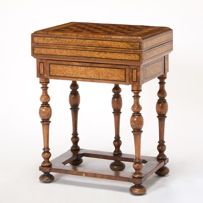 Lot 244 - German Baroque Walnut, Burr, and Ash Fruitwood Parquetry Folding Games Table