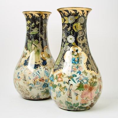 Lot 522 - Pair of Victorian Black Ground Decalcomania Vases