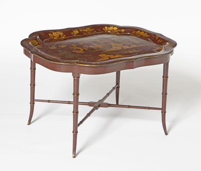 Lot 231 - Regency Burgundy and Gilt-Japanned Papier Mache Tray on Later Stand