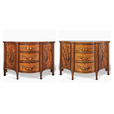 Lot 533 - Pair of Victorian Polychrome-Painted Amaranth-Inlaid Satinwood Chest of Drawers