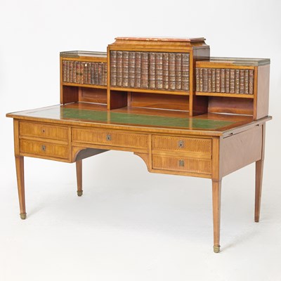 Lot 154 - Louis XVI Style Tulipwood and Marquetry Marble Top Bureau Plat