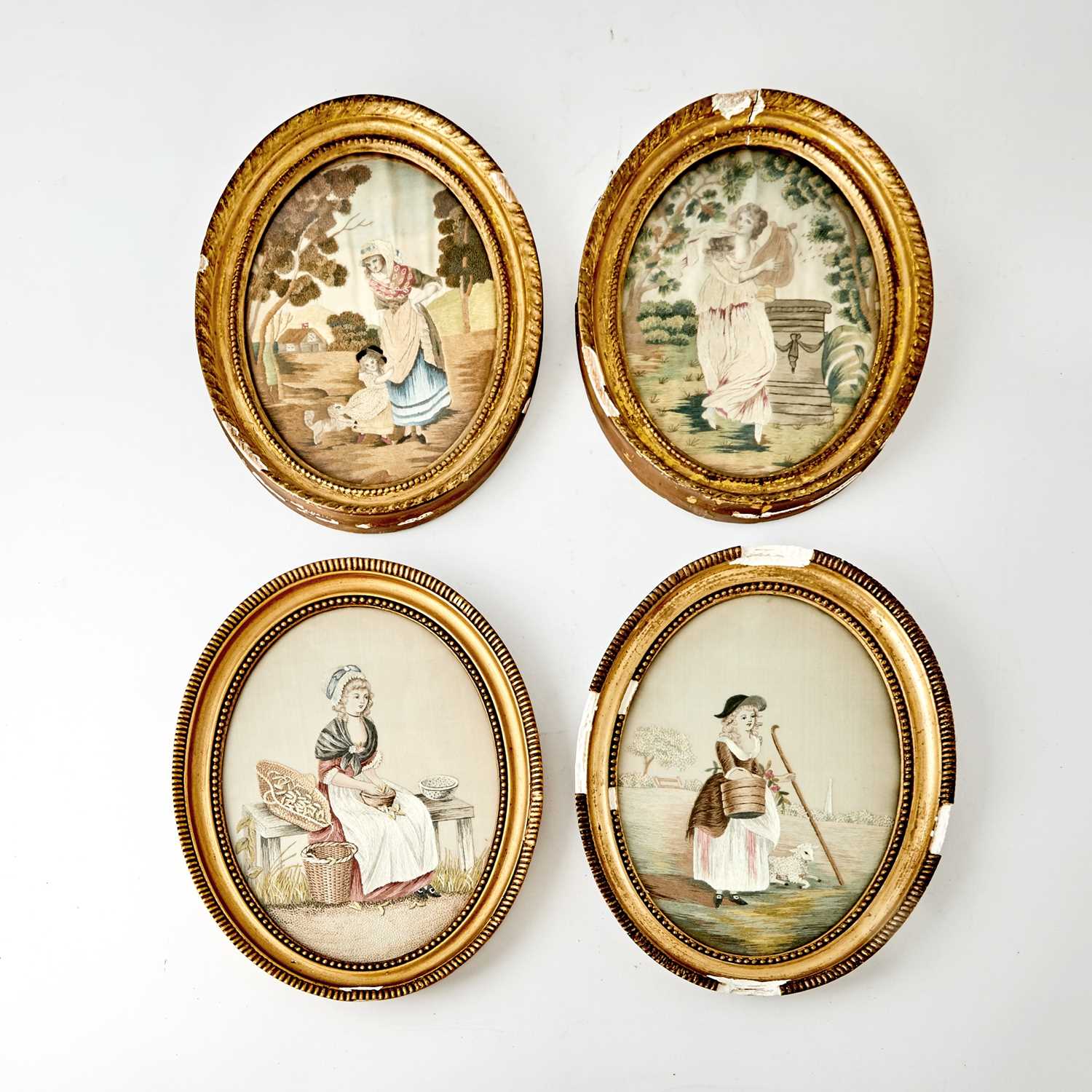 Lot 502 - Two Pairs of Late George III Silk Embroidered and Painted Pictures