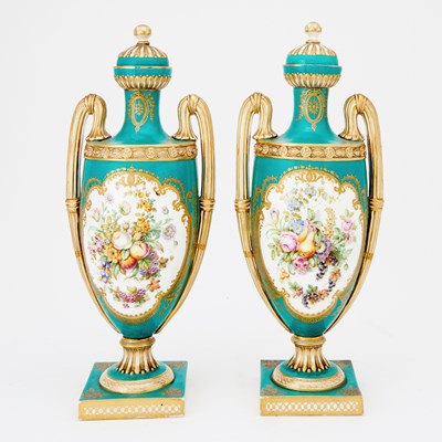 Lot 142 - Pair of Sevres Style Green-Ground Vases and Covers