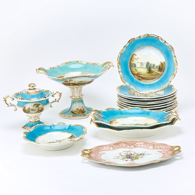 Lot 189 - A Copeland & Garrett Felspar Porcelain Topographical Sky-Blue Ground Part Dessert Service