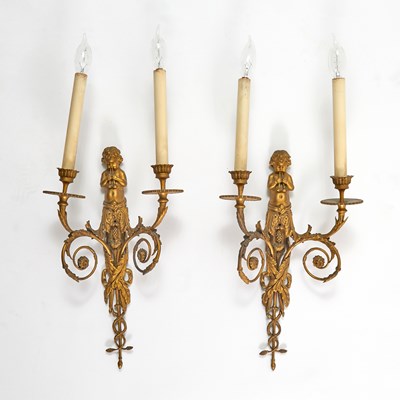 Lot 260 - Pair of Louis XVI Style Ormolu Figural Two Light Wall Lights