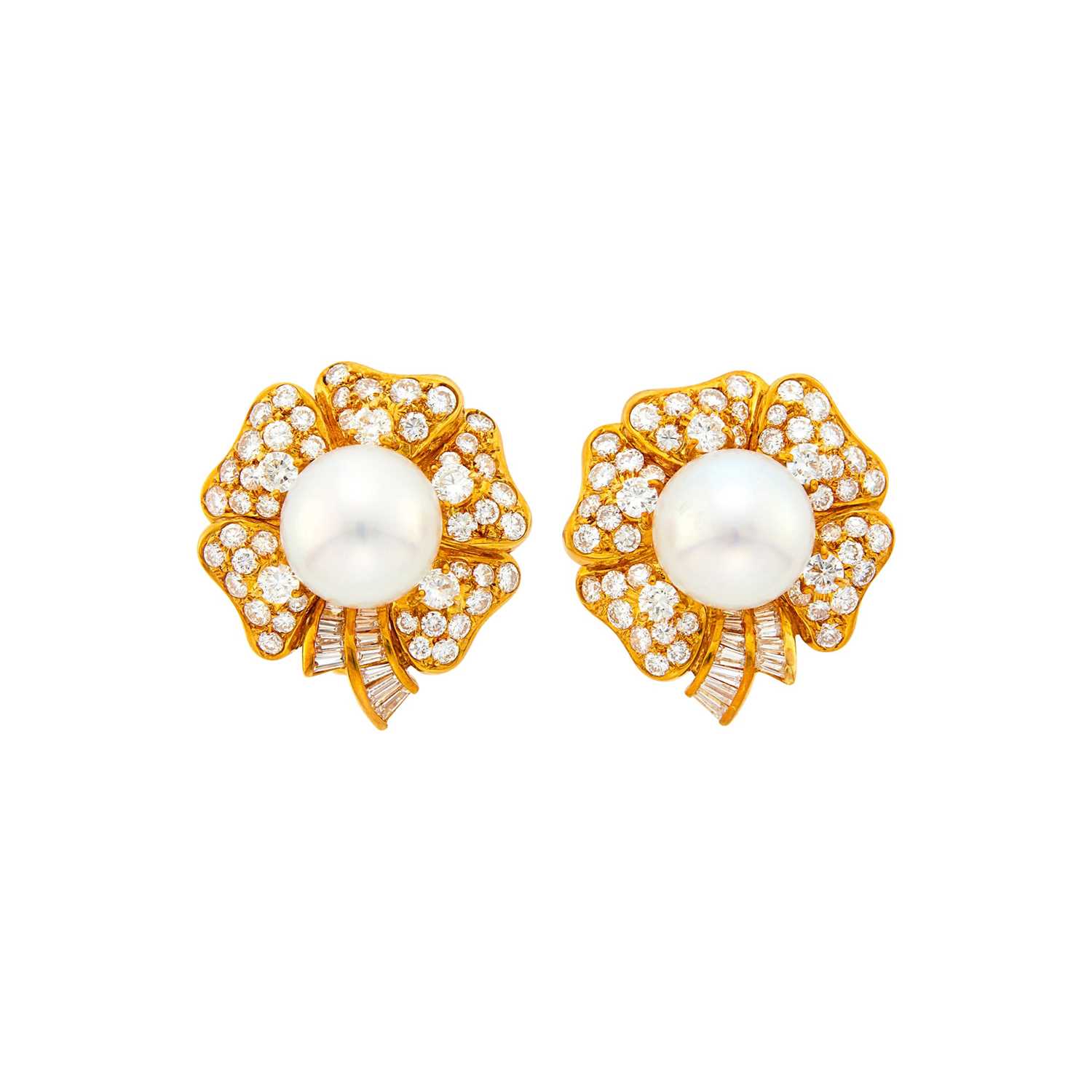 Lot 103 - David Morris Pair of Gold, South Sea Cultured Pearl and Diamond Flower Earclips