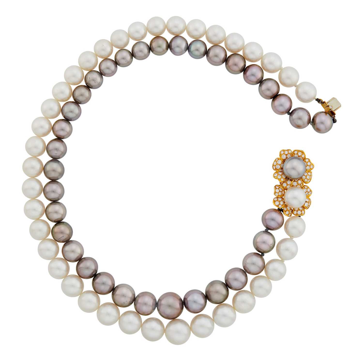 Lot 104 - David Morris Double Strand South Sea and Tahitian Gray Cultured Pearl Necklace with Gold, Bicolor Cultured Pearl and Diamond Flower Clasp
