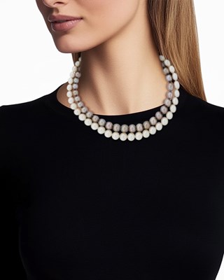 Lot 104 - David Morris Double Strand South Sea and Tahitian Gray Cultured Pearl Necklace with Gold, Bicolor Cultured Pearl and Diamond Flower Clasp
