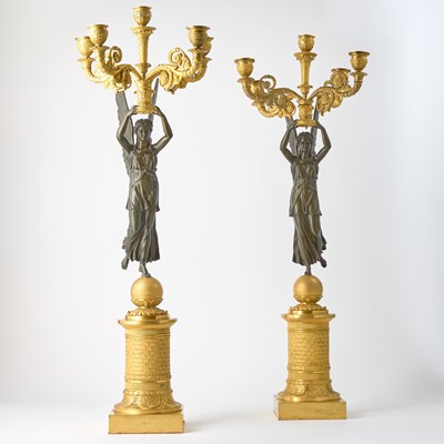 Lot 604 - Pair of Empire Style Gilt and Patinated Bronze Figural Five-Light Candelabra