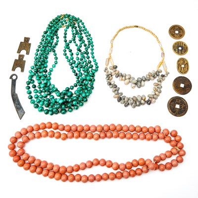 Lot 2164 - Group of Malachite Beads, Imitation Coral Beads, Metal Medallions and Hardstone Beads