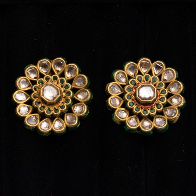 Lot 215 - Pair of Indian Gold, Jaipur Enamel and Foil-Backed Diamond Earclips