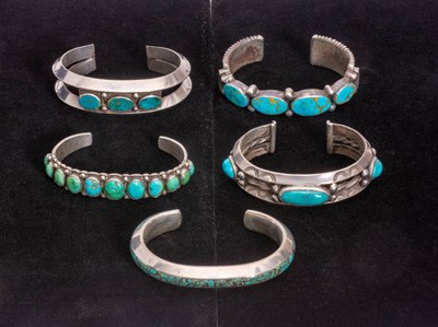 Lot 222 - Group of Five Sterling and Turquoise Cuff Bracelets