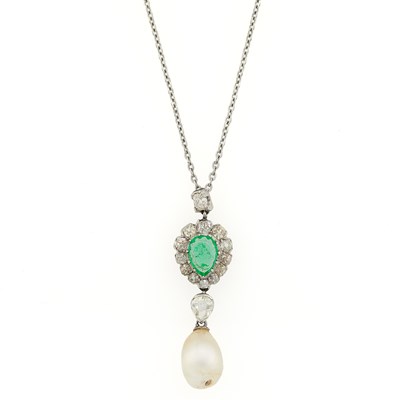 Lot 3285 - Platinum, Pearl, Emerald and Diamond Pendant with White Gold-Filled Chain Necklace