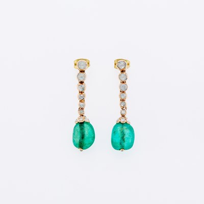 Lot 3159 - Pair of Rose Gold, Emerald Bead and Diamond Pendant-Earrings