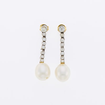 Lot 3123 - Pair of Platinum, Diamond and South Sea Cultured Pearl Pendant-Earrings
