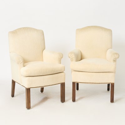 Lot 250 - Set of Six Cream Upholstered Mahogany Armchairs