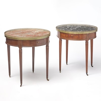 Lot 264 - Pair of Louis XVI Style Marble Top Mahogany Bouillotte Tables