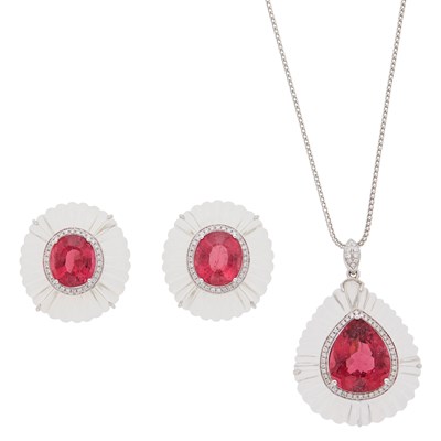 Lot 1199 - Attributed to Fei Liu White Gold, Carved Rock Crystal, Pink Tourmaline and Diamond Earrings and Pendant with Chain Necklace