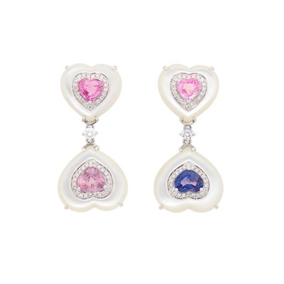 Lot 1162 - Attributed to Fei Liu White Gold, Star Sapphire, Mother-of-Pearl and Diamond Pendant-Earrings