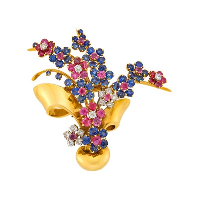 Lot 126 - Gold, Platinum, Ruby, Sapphire and Diamond Floret Spray Clip, France