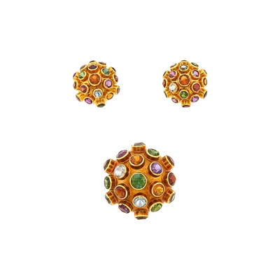 Lot 1071 - Attributed to H. Stern Gold and Multicolored Stone Dome Ring and Pair of Earrings