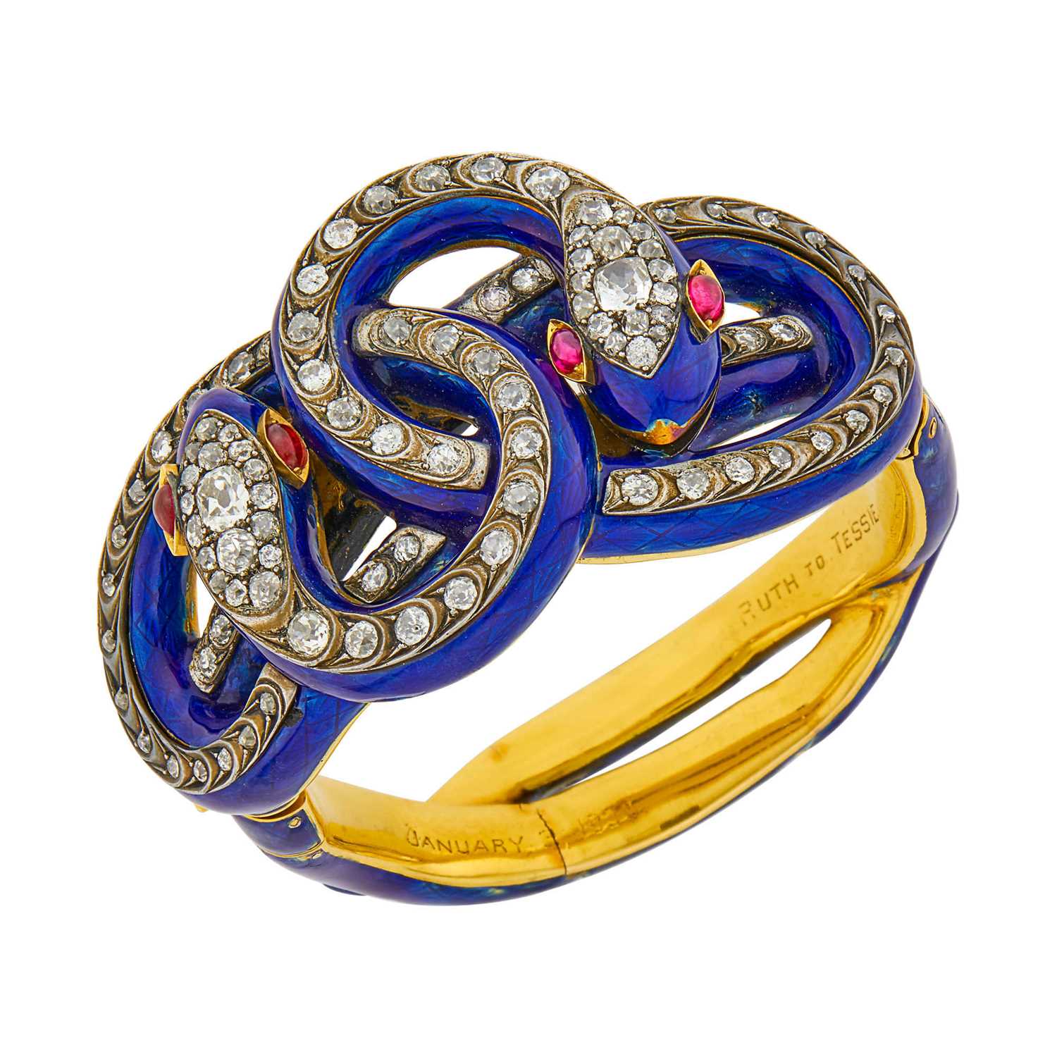 Lot 134 - Antique Gold, Silver, Blue Enamel, Diamond and Cabochon Ruby Snake Bangle Bracelet