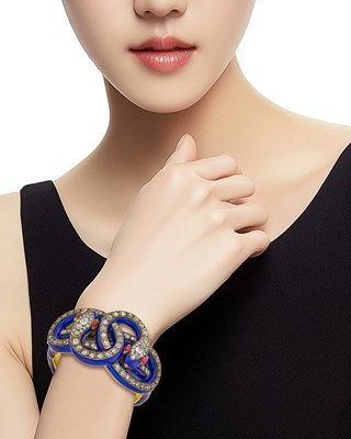 Lot 134 - Antique Gold, Silver, Blue Enamel, Diamond and Cabochon Ruby Snake Bangle Bracelet