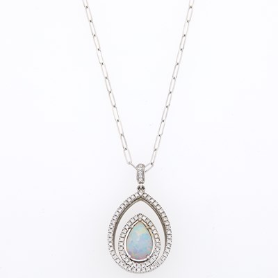 Lot 1184 - White Gold, White Opal and Diamond Pendant with Chain Necklace