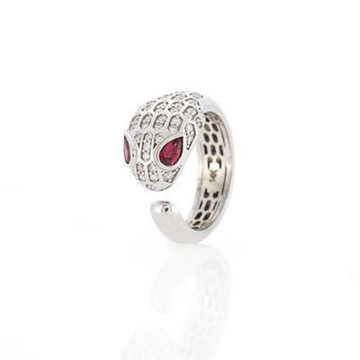 Lot 1157 - White Gold, Diamond and Ruby Serpent Ring