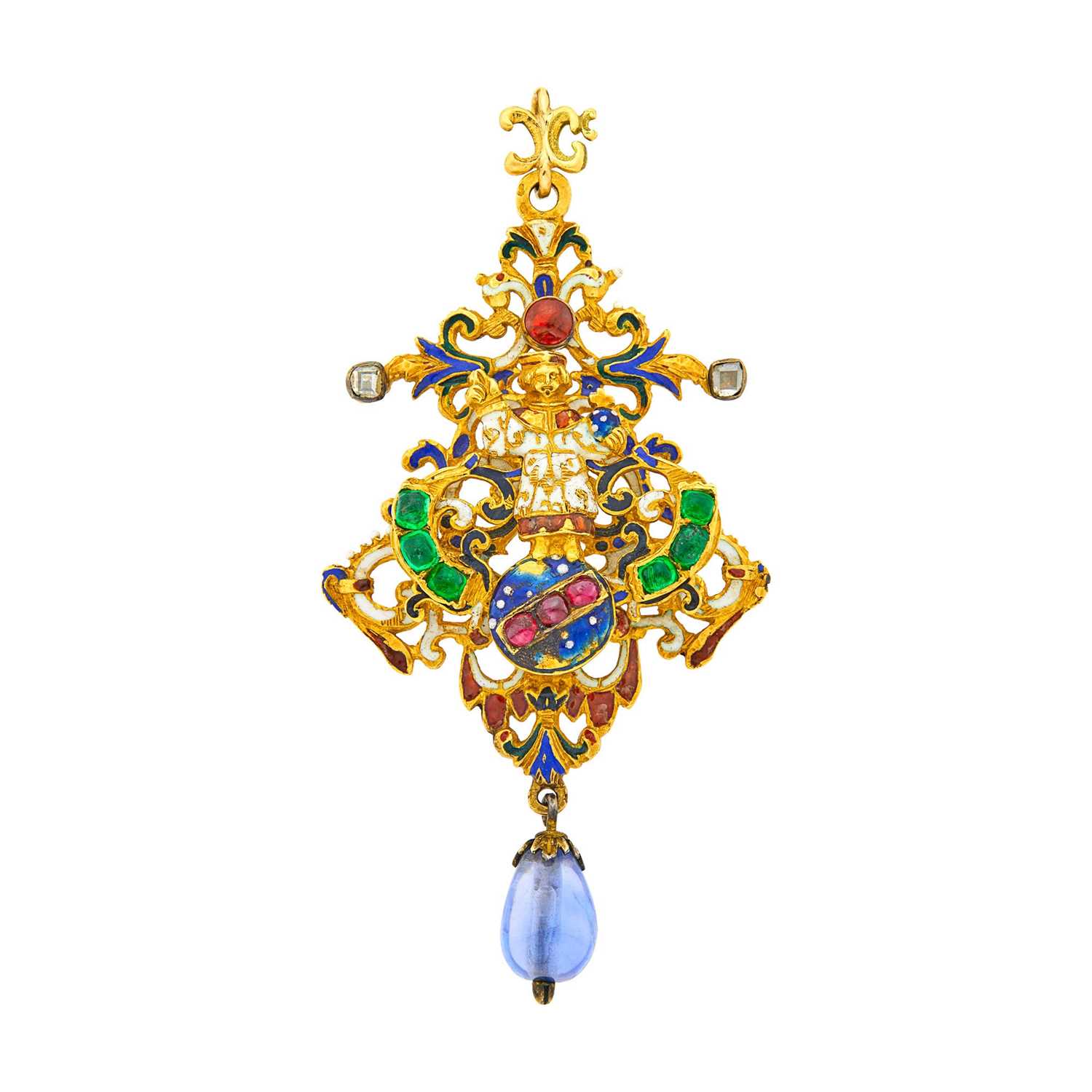 Lot 138 - Renaissance Revival Gold, Enamel, Gem-Set, Sapphire Bead and Diamond Religious Pendant