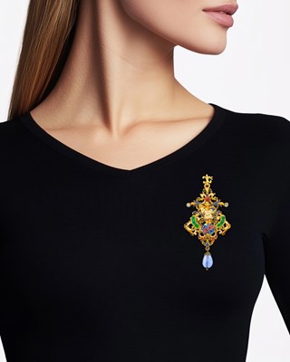 Lot 138 - Renaissance Revival Gold, Enamel, Gem-Set, Sapphire Bead and Diamond Religious Pendant
