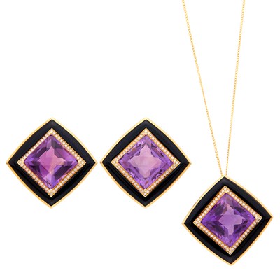 Lot 1065 - Pair of Gold, Amethyst, Black Onyx and Diamond Earrings and Pendant with Chain Necklace