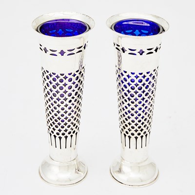 Lot 43 - Pair of Edward VII Sterling Silver and Cobalt Glass Vases