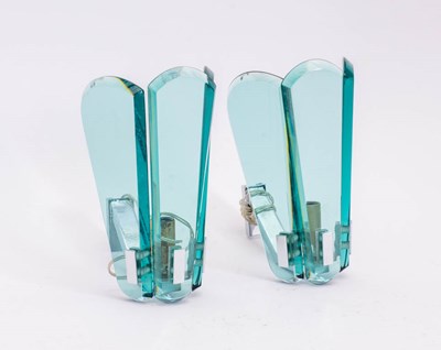 Lot 345 - Pair of Mid-Century Modern Colored Glass and Chrome Wall Sconces