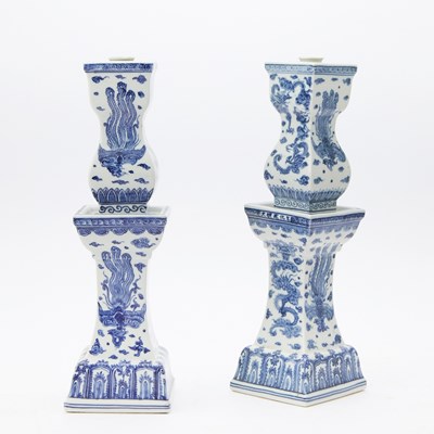 Lot 109 - Pair of Chinese Blue and White Porcelain Candlesticks