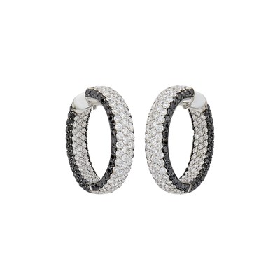 Lot 39 - Pair of White Gold, Diamond and Black Diamond Hoop Earrings