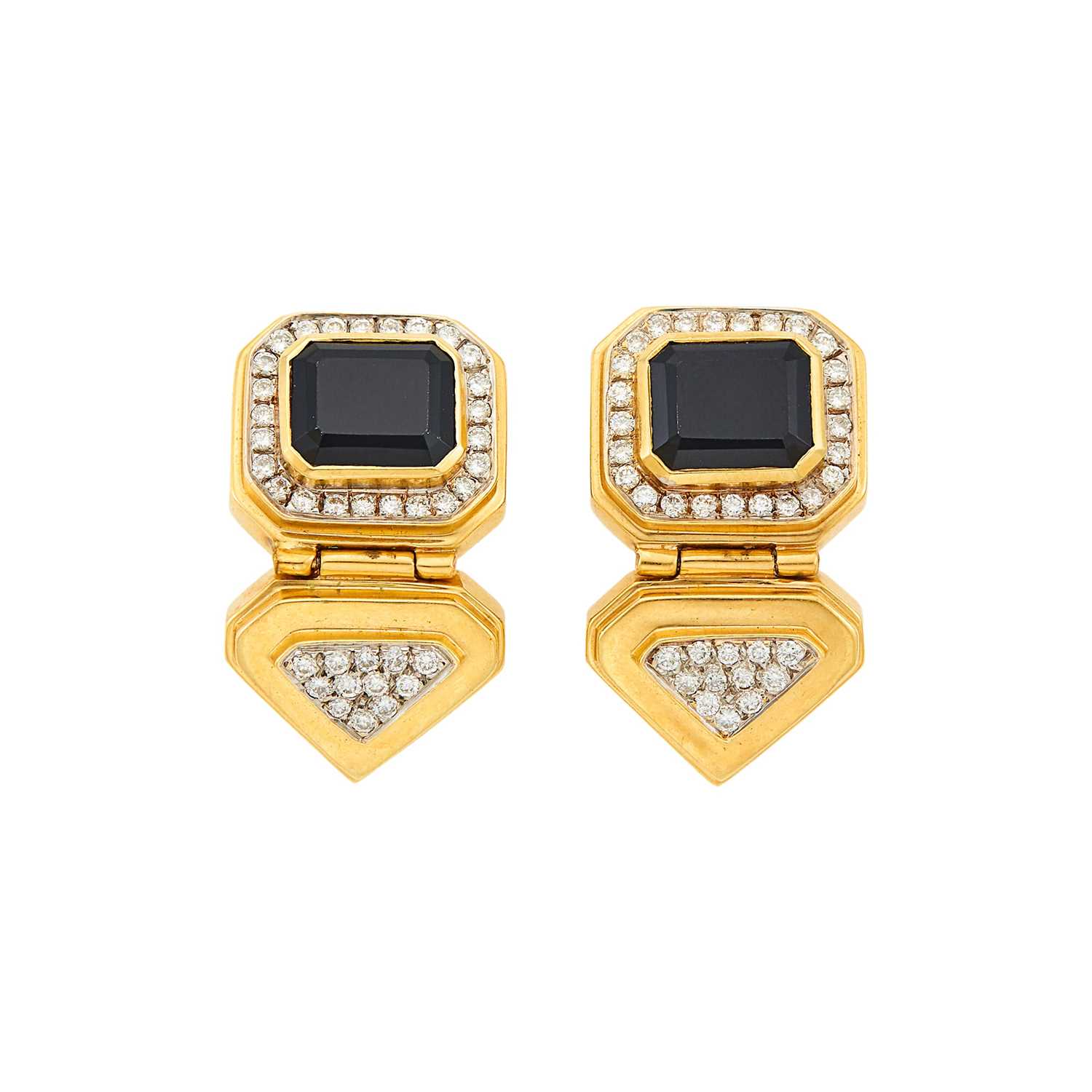 Lot 2032 - Pair of Gold, Black Onyx and Diamond Pendant-Earrings