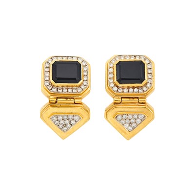 Lot 1028 - Pair of Gold, Black Onyx and Diamond Pendant-Earrings