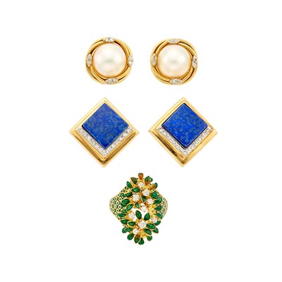 Lot 1262 - Pair of Gold, Mabé Pearl and Diamond Earrings, Pair of Lapis Earrings and Enamel Ring