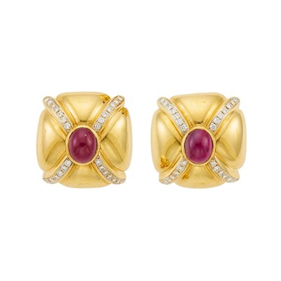 Lot 1230 - Pair of Gold, Cabochon Ruby and Diamond Bombé Earrings