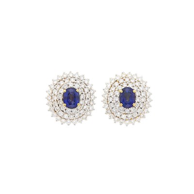 Lot 64 - Pair of Two-Color Gold, Sapphire and Diamond Earrings