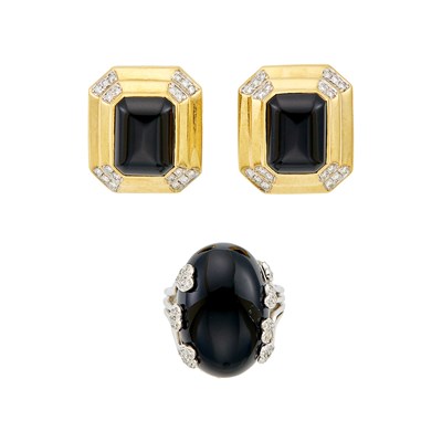 Lot 1282 - Pair of Two-Color Gold, Black Onyx and Diamond Earrings and White Gold Ring