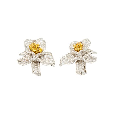 Lot 1206 - Pair of Two-Color Gold, Diamond and Yellow Sapphire Orchid Earrings