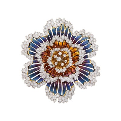 Lot 38 - Two-Color Gold, Oxidized Gold and Diamond Flower Pendant Clip-Brooch